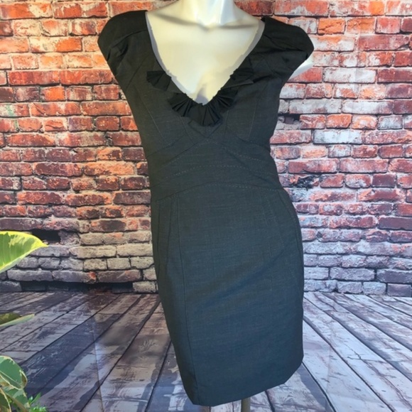 Rebecca Taylor Dark Gray Sheath with Black Ruffle V-Neck, Size 4 - Picture 2 of 7